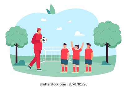 Soccer coach training team of young players on green field. Man and group of children standing with ball near football goal flat vector illustration. School, sport, soccer league for students concept