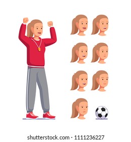 Soccer Coach Woman Shouting Raising Clenched Fist, Football Trainer Standing With Soccer Ball. Soccer Game Coach Clipart Template Heads Faces Expressing Emotions Set. Flat Vector Isolated Illustration