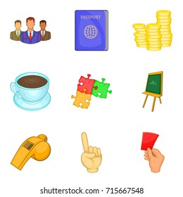 Soccer coaching icon set. Cartoon set of 9 soccer coaching vector icons for web design isolated on white background