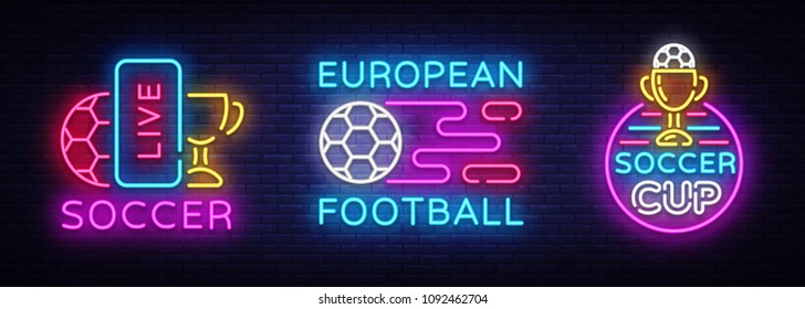 Soccer collection Neon Signs Vector. Football set Logos neon, design template emblem, online soccer symbol, light banner, bright night football advertising, european football sign. Vector