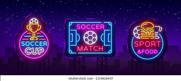 Soccer collection Neon Signs Vector. Football set Logos neon, design template emblem, soccer symbol, light banner, bright night football advertising, european football sign. Vector Billboards