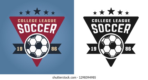 Soccer college team two styles vector emblem, badge, label or logo isolated on colored and white background