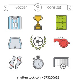 Soccer color icons set. Football players kit. Soccer uniform shirt; shorts and boots. Playing field, referee whistle, championship cup and stopwatch. Logo concepts. Vector isolated illustrations
