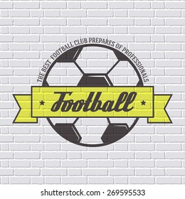 Soccer color logo or label template  with blurred background on white brick wall. Vector illustration isolated icons for your product or design, web and mobile applications with text.