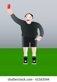 Soccer comic referee showing red card. Vector illustration.