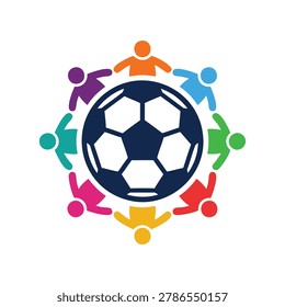 Soccer Community Logo Vector, Colorful People Holding Hands Around Football Icon for Sports Club Branding and Team Unity Design