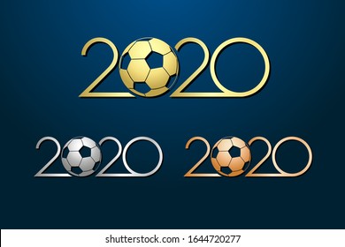 Soccer competition of 2020 icon, awards concept. Metallic digits logo with ball. Creative football sign. Isolated abstract graphic design template. Gold, silver, bronze shining gradient. Sports symbol