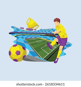 Soccer Concept With Athletes Football Players Trophies, And Stadium For  Background