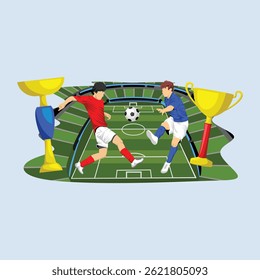 Soccer Concept With Athletes Football Players Trophies, And Stadium For Background
