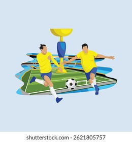 Soccer Concept With Athletes Football Players Trophies, And Stadium For Background