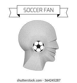 Soccer concept with ball and head of fan. Modern vector illustration of head of man made from concentric thin line shapes.