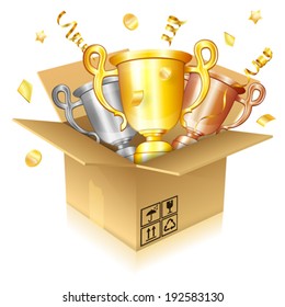 Soccer Concept - Open Cardboard Box with Set Gold, Silver and Bronze Trophies, vector isolated on white background