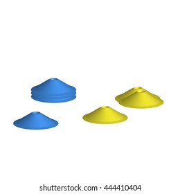 Soccer cones football after and after  training, yellow and blue, 3d , vector illustration.