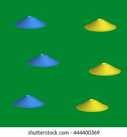 Soccer Cones Football Training, Yellow And Blue On Stadium Green Field Background, 3d , Vector Illustration.