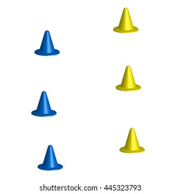 Soccer cones, sport training, yellow and blue, 3d , vector illustration.