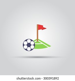 Soccer corner kick, soccer ball on stadium isolated vector icon