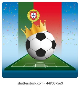 Soccer with crown and Portugal flag on soccer field. vector illustration.