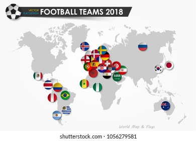 Soccer cup 2018 . Country flags of football teams on world map background . Vector for international world championship tournament 2018 concept . Flat design .