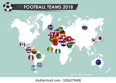 Soccer cup 2018 . Country flags of football teams on world map background . Vector for international world championship tournament 2018 concept . Flat design .