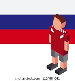 Soccer cup 2018. Football player with jersey uniform and national flag, Russia
