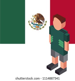 Soccer cup 2018. Football player with jersey uniform and national flag, Mexico