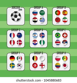 Soccer cup 2018 . Set of national flags team group A - H . Circle design . Vector for international world championship tournament .