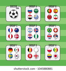 Soccer cup 2018 . Set of national flags team group A - H . Circle design . Vector for international world championship tournament .