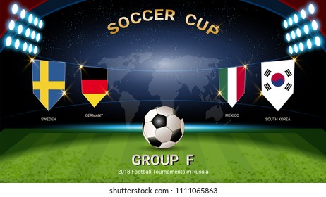 Soccer cup 2018, Set of national flags team group F (Sweden, Germany, Mexico, South Korea), for your presentation match schedule, score or game results of sport tournament in Russian (Vector Eps10)