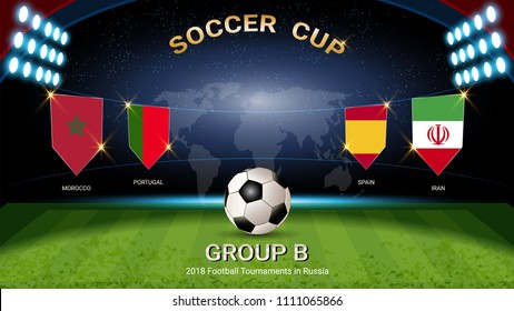 Soccer cup 2018, Set of national flags team group B (Morocco, Portugal, Spain, Iran), for your presentation match schedule, score or game results of sport tournament in Russian (Vector Eps10)