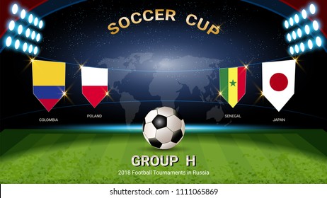 Soccer cup 2018, Set of national flags team group H (Colombia, Poland, Senegal, Japan), for your presentation match schedule, score or game results of sport tournament in Russian (Vector Eps10)