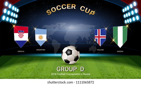 Soccer cup 2018, Set of national flags team group D (Croatia, Argentina, Iceland, Nigeria), for your presentation match schedule, score or game results of sport tournament in Russian (Vector Eps10)