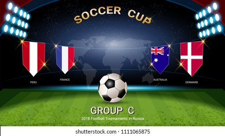 Soccer cup 2018, Set of national flags team group C (Peru, France, Australia, Denmark), for your presentation match schedule, score or game results of sport tournament in Russian (Vector Eps10)