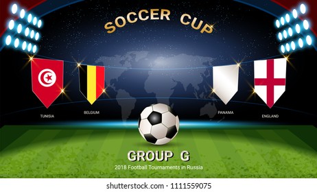 Soccer cup 2018, Set of national flags team group G (Tunisia, Belgium, Panama, England), for your presentation match schedule, score or game results of sport tournament in Russian (Vector Eps10)