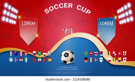 Soccer cup 2018, Set of national flag with scoreboard broadcast, Badges set design for your presentation the match results of international world championship tournament in Russian (Vector Eps10)