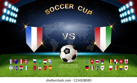 Soccer cup 2018, Set of national flag with scoreboard broadcast, Badges set design for your presentation the match results of international world championship tournament in Russian (Vector Eps10)