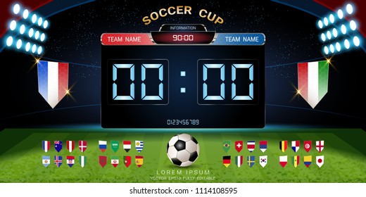 Soccer cup 2018, Set of national flag with scoreboard broadcast, Badges set design for your presentation the match results of international world championship tournament in Russian (Vector Eps10)