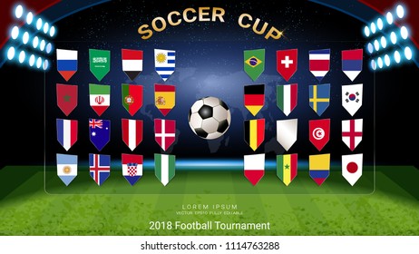 Soccer cup 2018, Set of national flag with scoreboard broadcast, Badges set design for your presentation the match results of international world championship tournament in Russian (Vector Eps10)