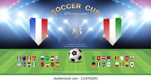 Soccer cup 2018, Set of national flag with scoreboard broadcast, Badges set design for your presentation the match results of international world championship tournament in Russian (Vector Eps10)