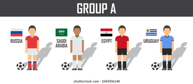 Soccer cup 2018 team group A . Football players with jersey uniform and national flags . Vector for international world championship tournament .