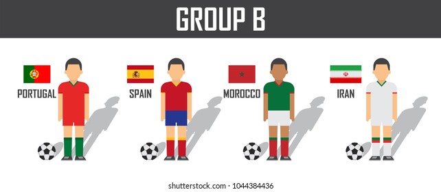 Soccer cup 2018 team group B . Football players with jersey uniform and national flags . Vector for international world championship tournament .