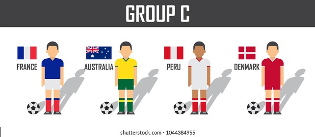 Soccer cup 2018 team group C . Football players with jersey uniform and national flags . Vector for international world championship tournament .