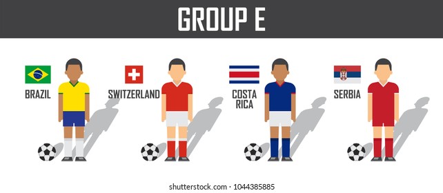 Soccer cup 2018 team group E . Football players with jersey uniform and national flags . Vector for international world championship tournament .