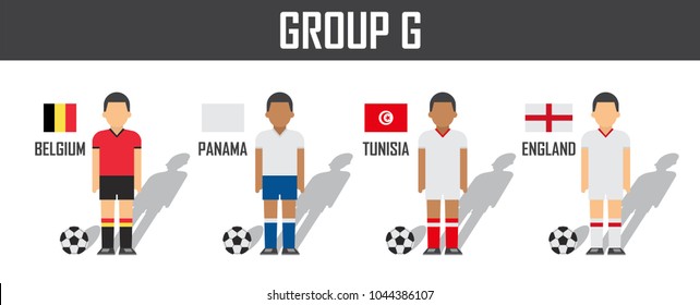 Soccer cup 2018 team group G . Football players with jersey uniform and national flags . Vector for international world championship tournament .