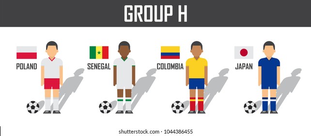 Soccer cup 2018 team group H . Football players with jersey uniform and national flags . Vector for international world championship tournament .