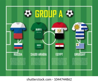 Soccer cup 2018 team group A . Football players with jersey uniform and national flags . Vector for international world championship tournament .