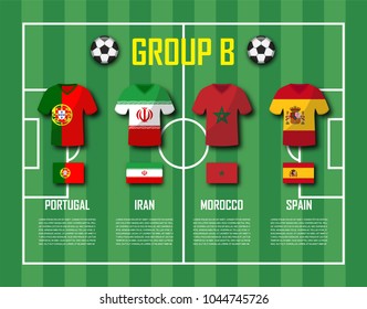 Soccer cup 2018 team group B . Football players with jersey uniform and national flags . Vector for international world championship tournament .