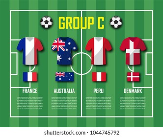 Soccer cup 2018 team group C . Football players with jersey uniform and national flags . Vector for international world championship tournament .