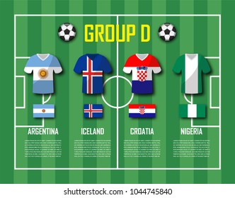 Soccer cup 2018 team group D . Football players with jersey uniform and national flags . Vector for international world championship tournament .