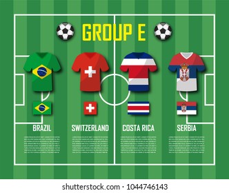 Soccer cup 2018 team group E . Football players with jersey uniform and national flags . Vector for international world championship tournament .