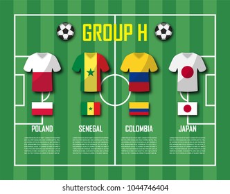 Soccer cup 2018 team group H . Football players with jersey uniform and national flags . Vector for international world championship tournament .